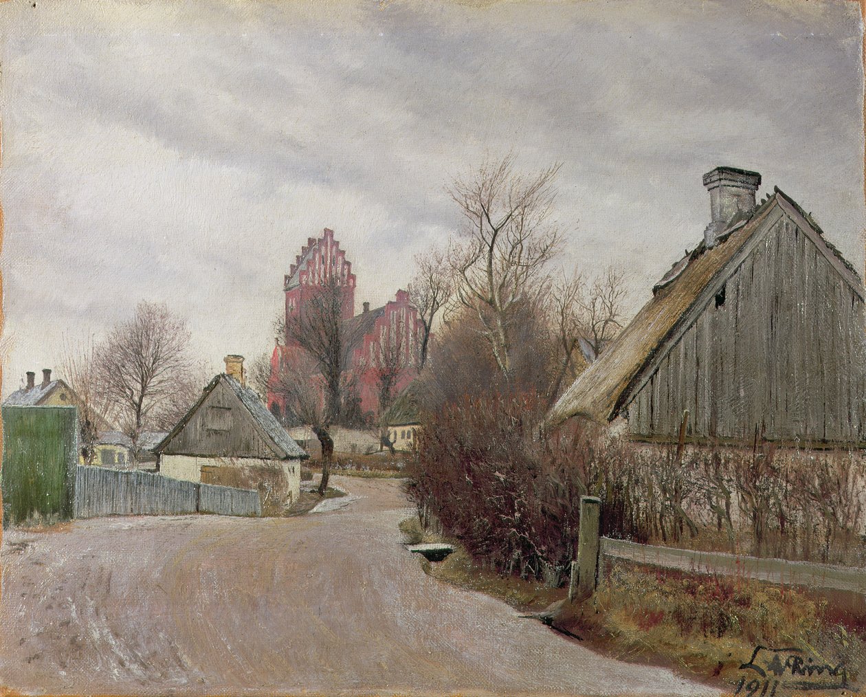 Gade i Hoje Taastrup (maatie, jossa mökkejä ja korkea kirkko) 1911 tekijältä Laurits Andersen Ring