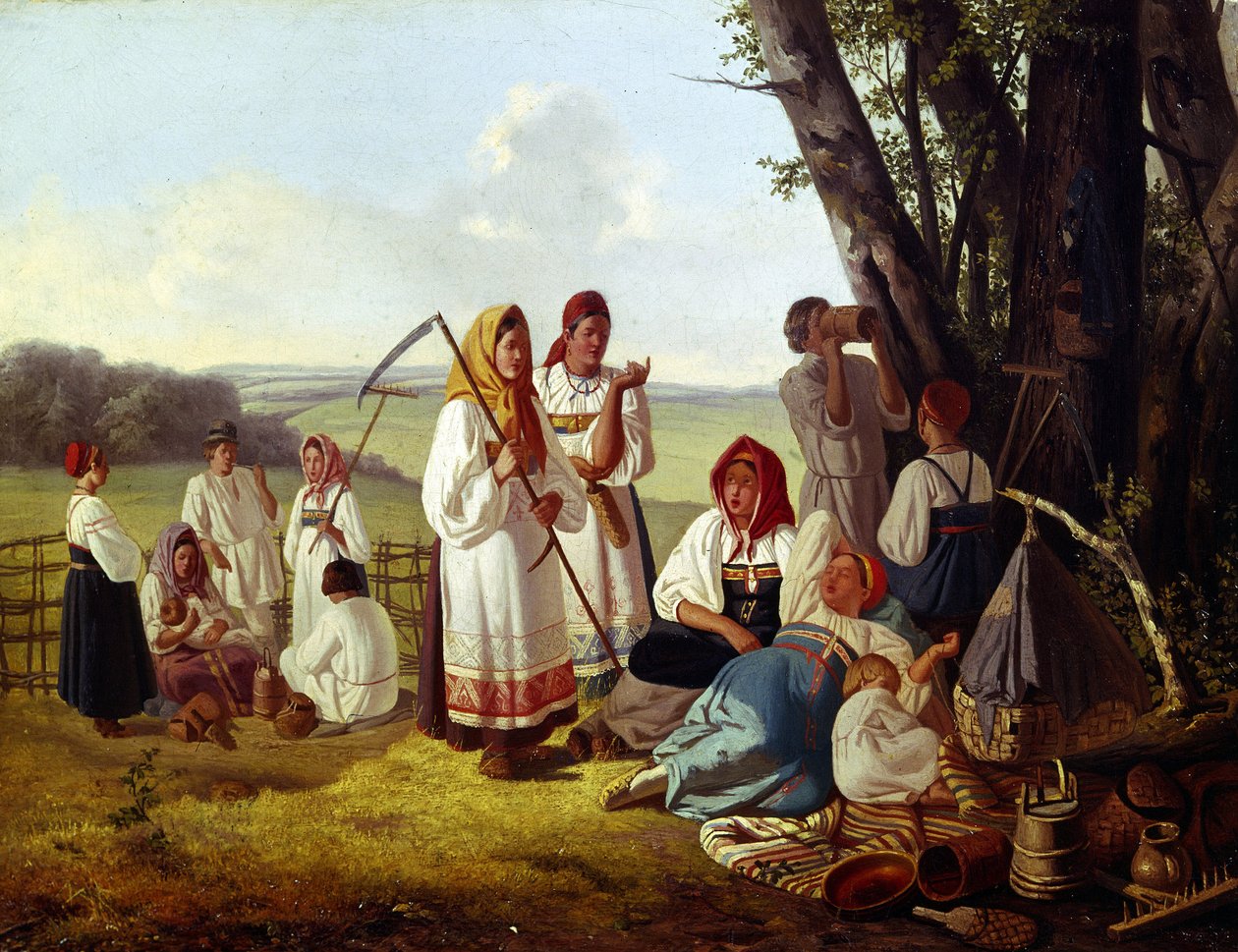Lepo sadonkorjuun aikaan. Ryhmä perinteisiä talonpoikia syö ja sammuttaa janonsa lastensa kanssa puiden varjossa. Lavr Kuzmich Plakhovin (1810-1881) maalaus, öljy kankaalle, noin 1840. Venäläinen taide tekijältä Lavr Kuzmich Plakhov