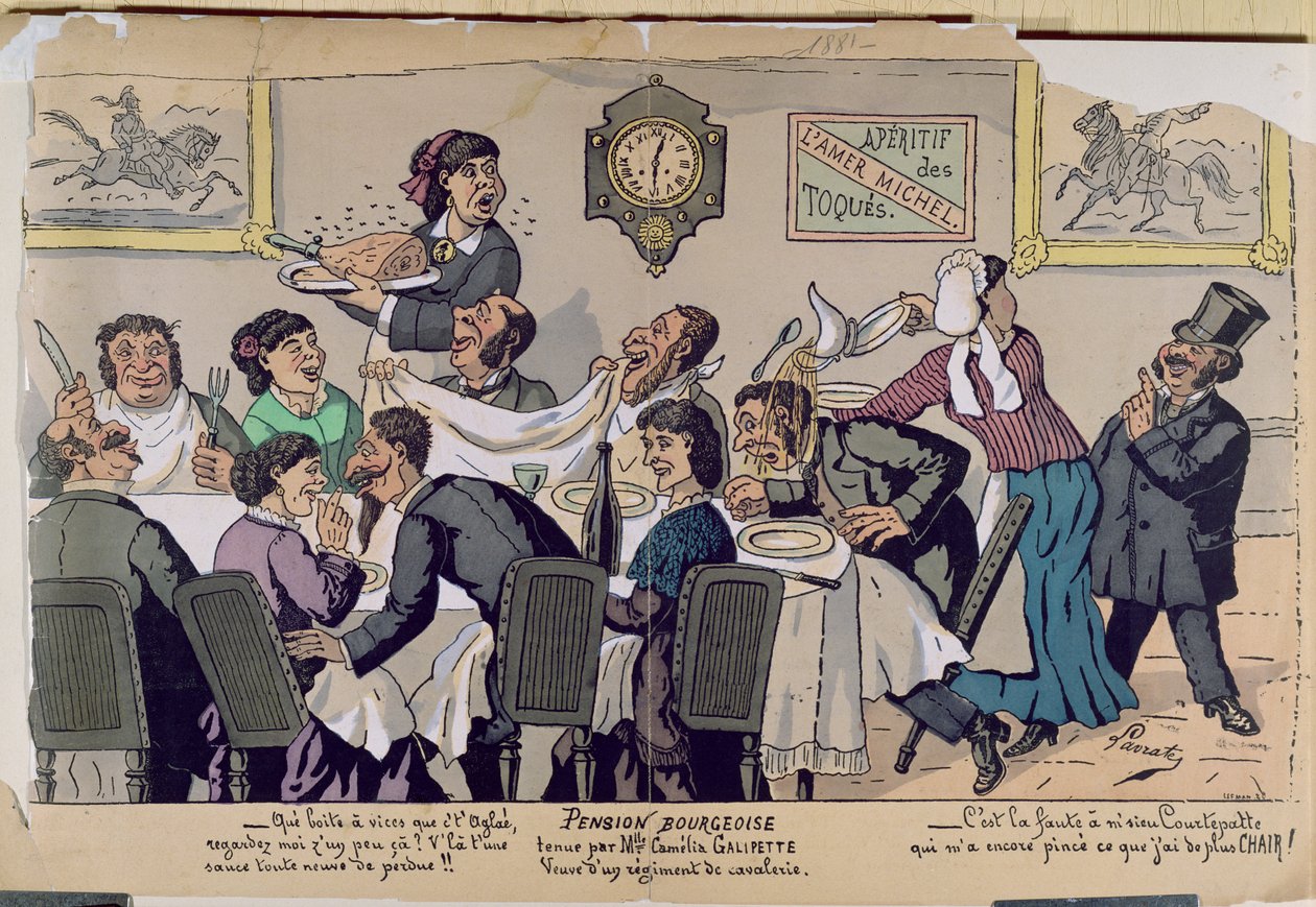 Keskiluokan täysihoitola, karikatyyri, 1881 (värikaiverrus) tekijältä Lavrate