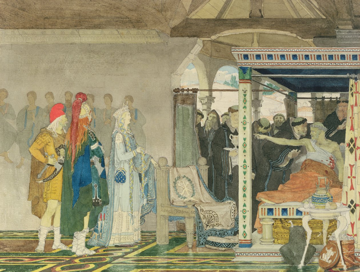 Fredegonda Praetextatuksen kuolinsängyssä tekijältä Lawrence Alma Tadema