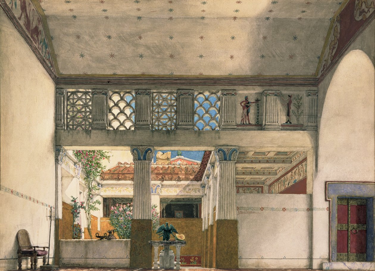 Gaius Marciuksen talon sisustus (akvarelli paperille) tekijältä Lawrence Alma Tadema