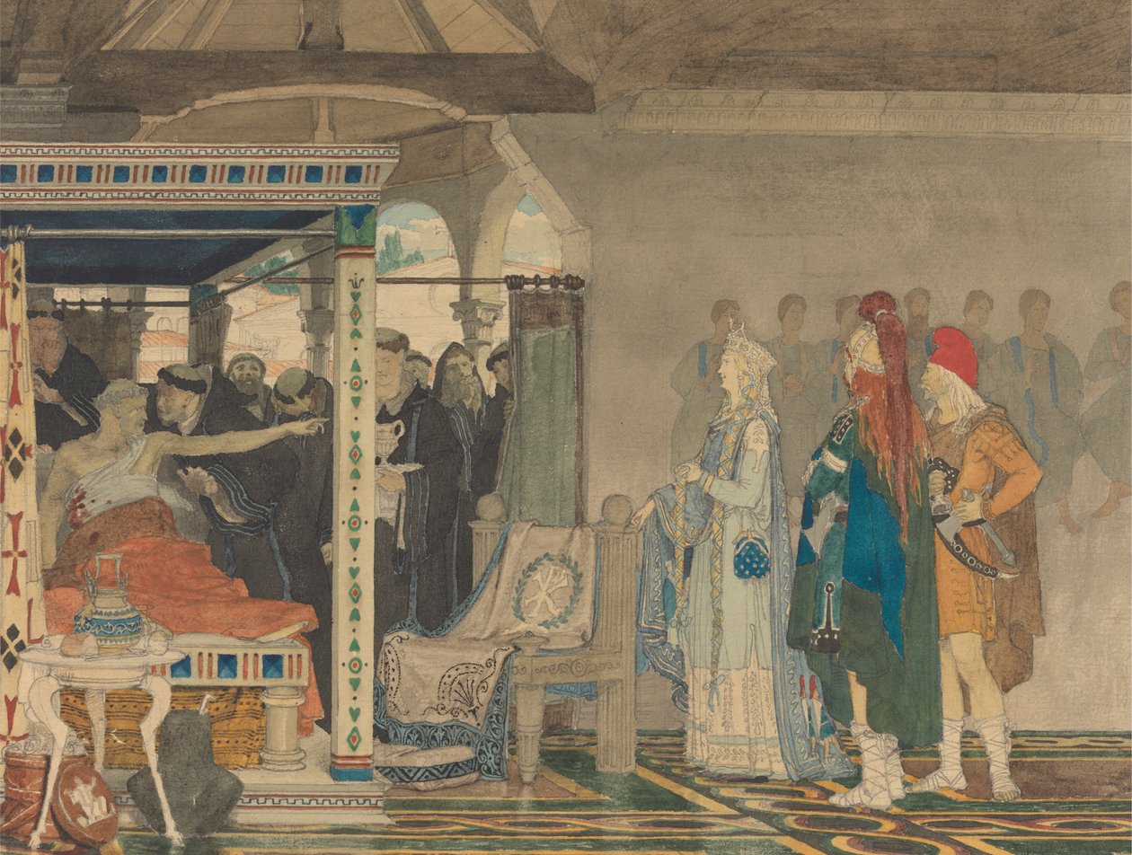 Fredegonda Praetextatuksen kuolinsängyssä tekijältä Lawrence Alma Tadema
