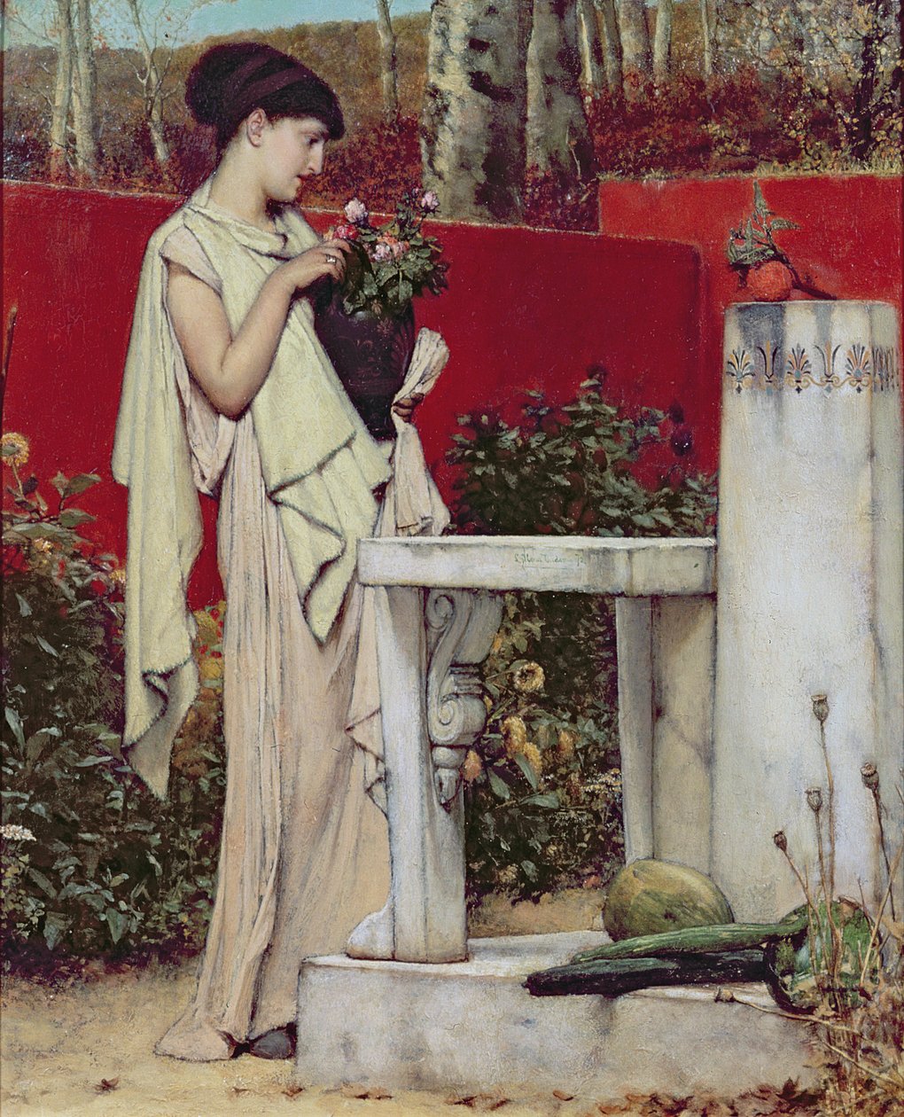 Nainen kukkamaljakon kanssa tekijältä Lawrence Alma Tadema