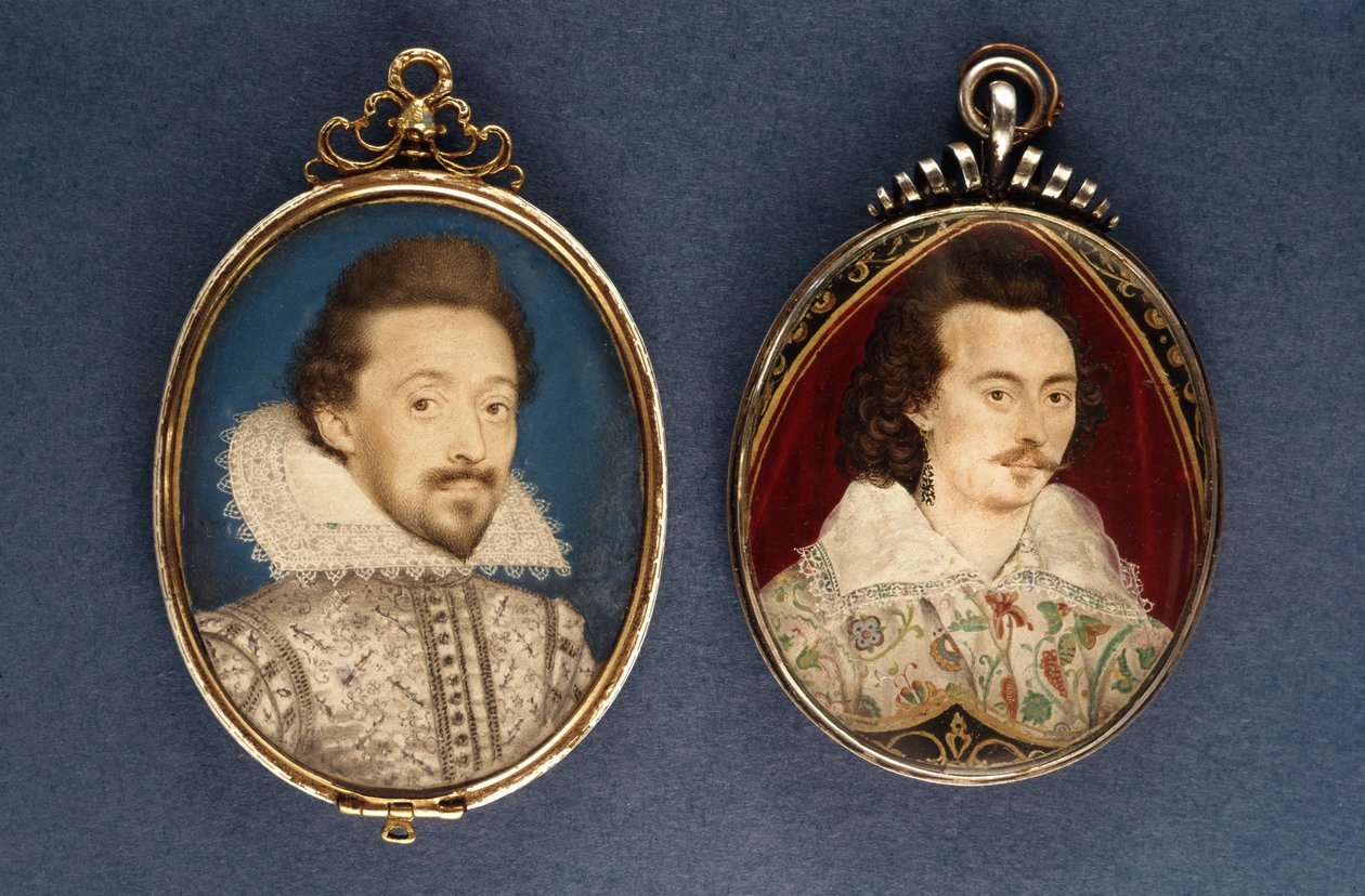 Vasemmalla: Lawrence Hilliardin nuoren miehen muotokuva, n. 1620. Oikealla: Nicholas Hilliardin (1547-1619) nuoren miehen muotokuva, n. 1585 tekijältä Lawrence Hilliard