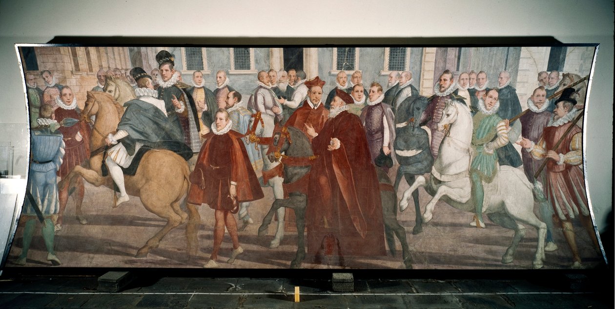 Doge Giacomo Durazzo Grimaldi opasti kardinaali Francesco Pachecoa Genesin kaduilla vuonna 1574 (fresko tekijältä Lazzaro Tavarone