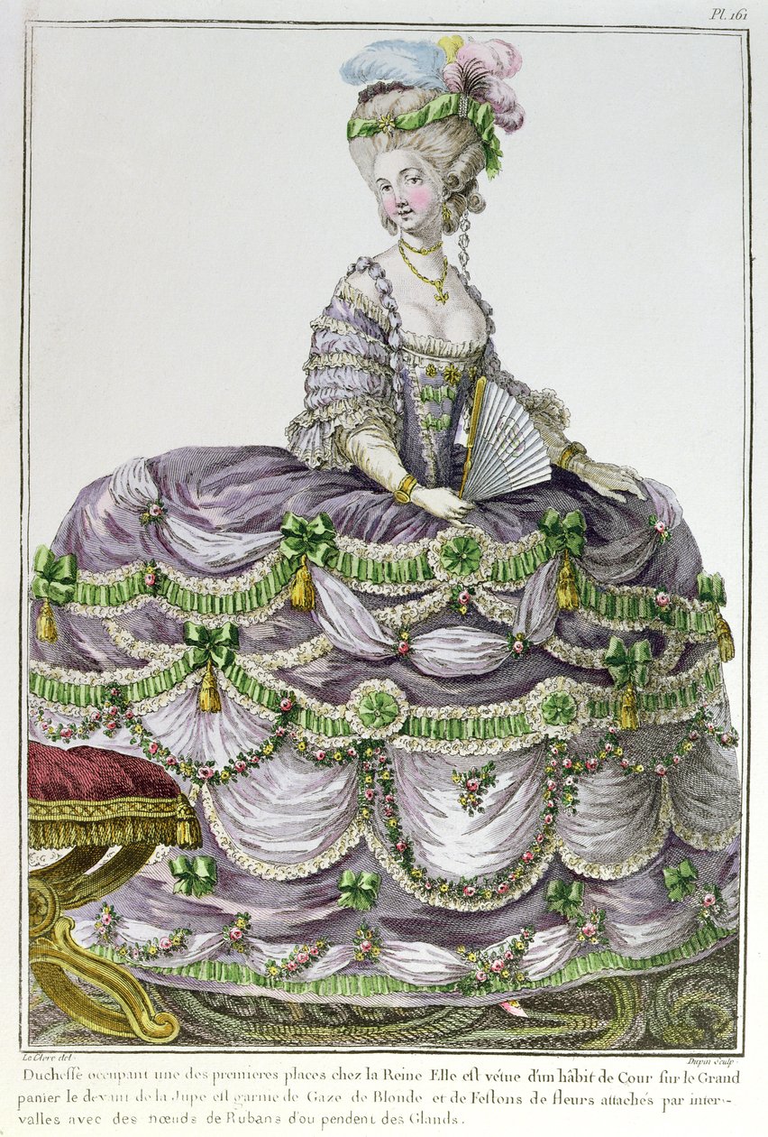 Ludvig XVI:n hovissa oleva herttuatar pukeutuneena housuihin, numero 161 Galerie des Modes et Costumesista, kaiverrus Dupin, n. 1778-87 tekijältä Le Clere