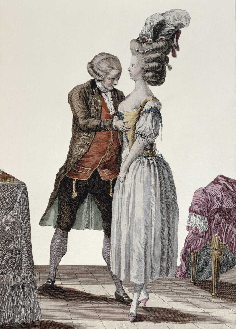 Räätäli kokeilemassa muodikasta korsettia naisen päällä, Galerie des Modes et Costumesin lautanen, kaiverrus Dupin, n. 1778-87 tekijältä Le Clere