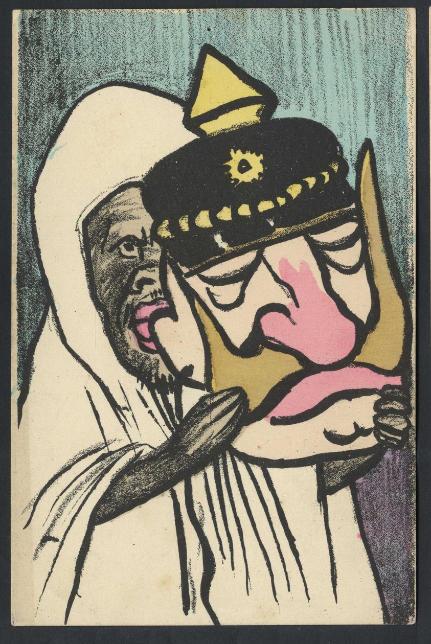 Postikortti, satiirinen väreissä, noin 1905: Saksa Preussi, Marokko - William II - kuvitus Leal de Camara (1877-1948) tekijältä Leal de Camara