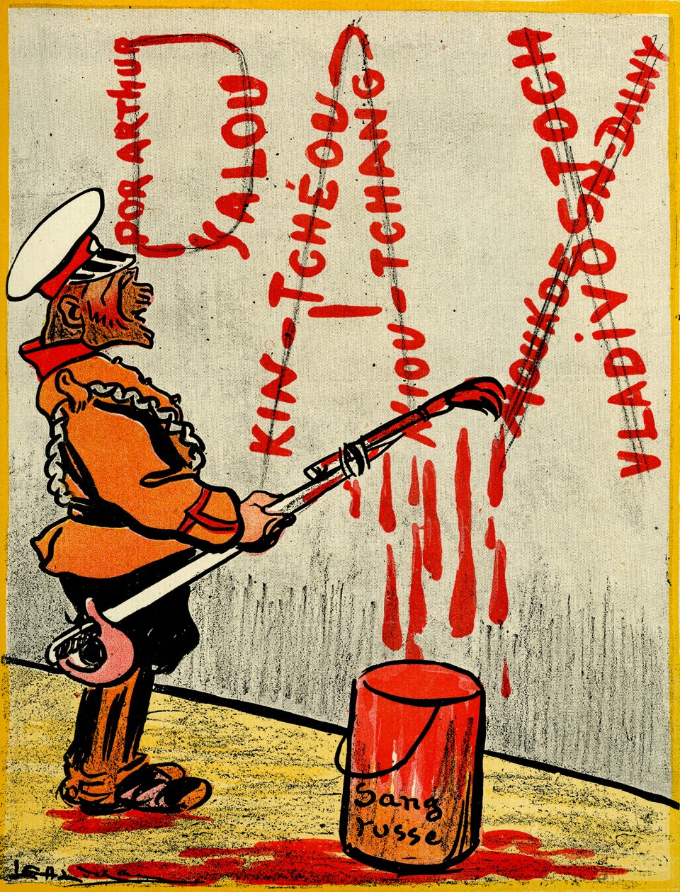 Venäjän tsaari maalasi sanan Pax tai rauha, joka koostuu menetettyjen taistelujen nimistä venäläisellä verellä. 1904 (litho) tekijältä Leal de Camara
