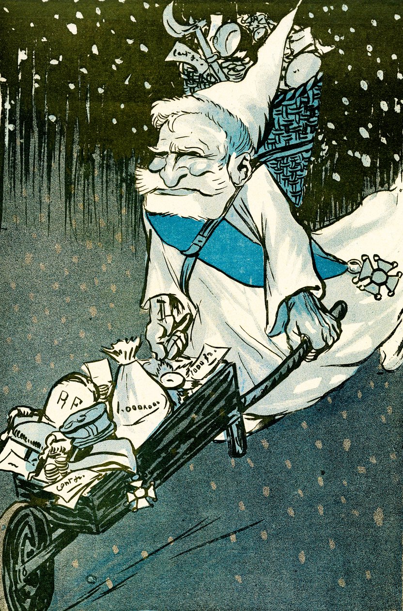 Joulu isoille lapsille – Ranskan presidentti Emile Loubet pukeutui joulupukkiksi kottikärryillä lahjoja aikuisille. 1905. (litho) tekijältä Leal de Camara