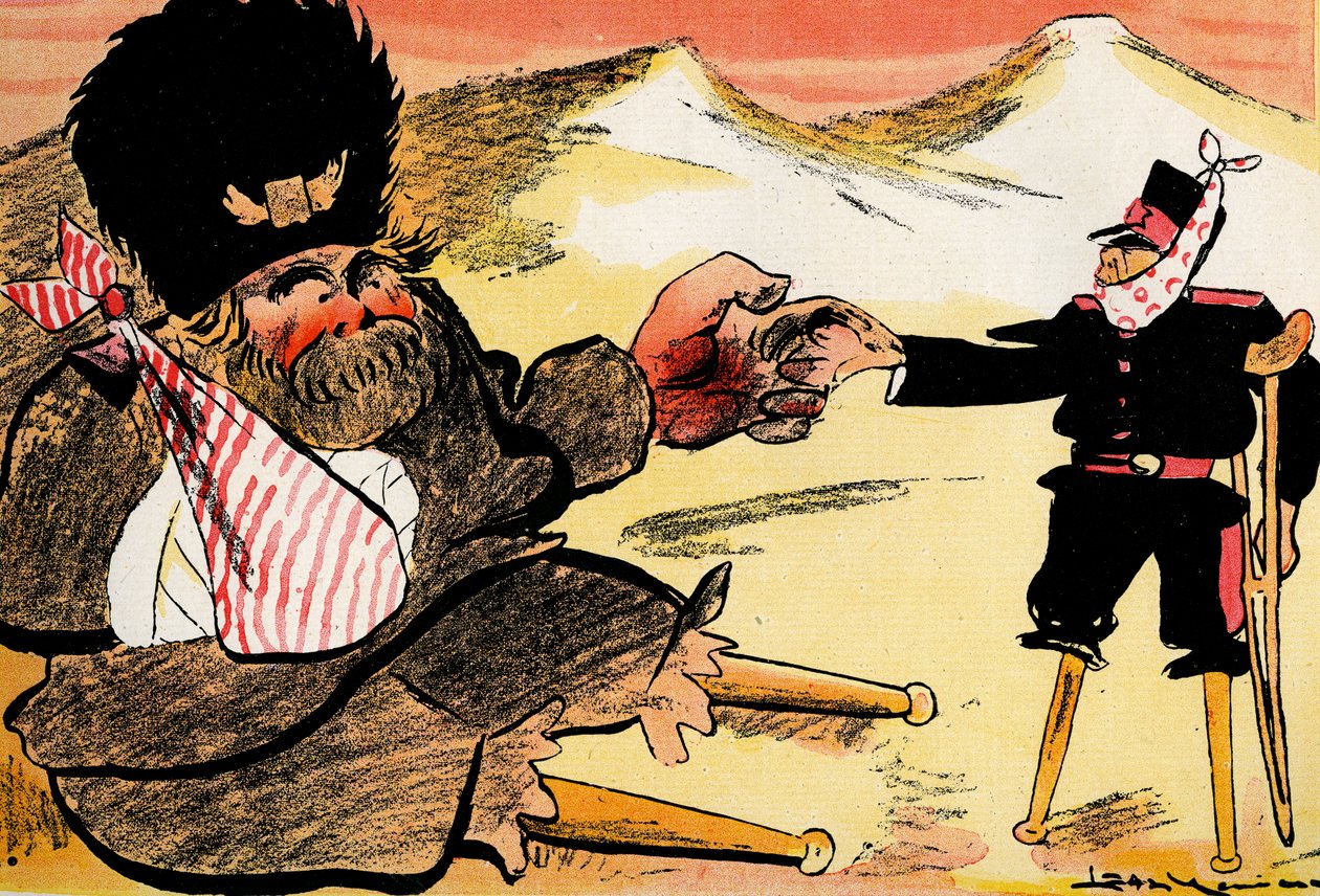 Future Alliance - "Meidän olisi pitänyt aloittaa näin!" - Venäjä ja Japani kättelevät. 1904 (litho) tekijältä Leal de Camara
