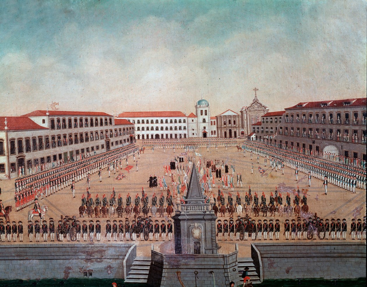 Sotilaallinen paraati Rio de Janeiron kuninkaallisella aukiolla Brasiliassa Akvarelli Leandro Joaquim (1738-1798) 1700-luvun Rio de Janeiro, kansallinen historiallinen museo tekijältä Leandro Joachim