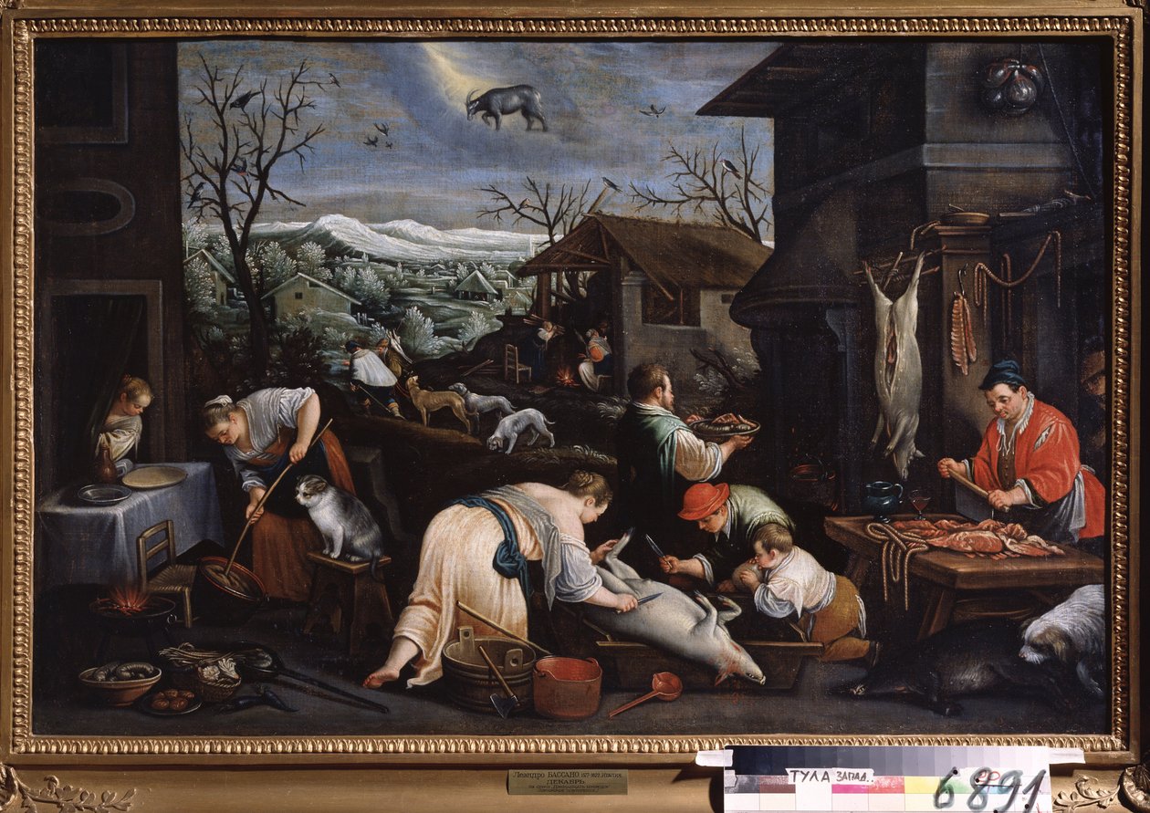 ""Joulukuu"" (joulukuu) Siat teurastetaan. Kauris merkkisymboli taivaalla. Leandro Bassano da Ponten (1557-1622) maalaus 1595-1600 Tulan valtion taidemuseo tekijältä Leandro da Ponte Bassano