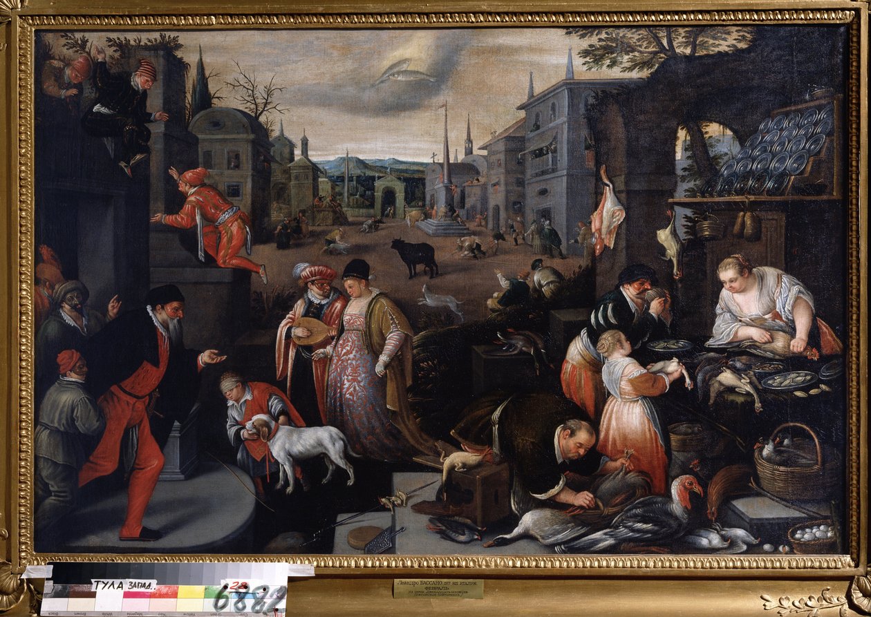 ""Le mois de fevrier"" (helmikuu) Kävelykohtaus karnevaalien aikaan. Kalat-merkin symboli taivaalla. Leandro Bassano da Ponten (1557-1622) maalaus 1595-1600 Mitat 144x190 cm Tula Venäjän valtion taidemuseo tekijältä Leandro da Ponte Bassano