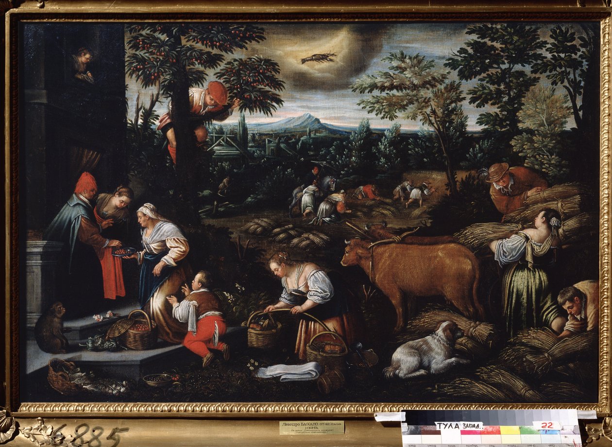 ""Kesäkuu"" (kesäkuu) Työskentele maatilalla, poimi kirsikoita ja kerää vehnää. Syöpämerkin symboli taivaalla. Leandro Bassano da Ponten (1557-1622) maalaus 1595-1600 Tulan valtion taidemuseo tekijältä Leandro da Ponte Bassano