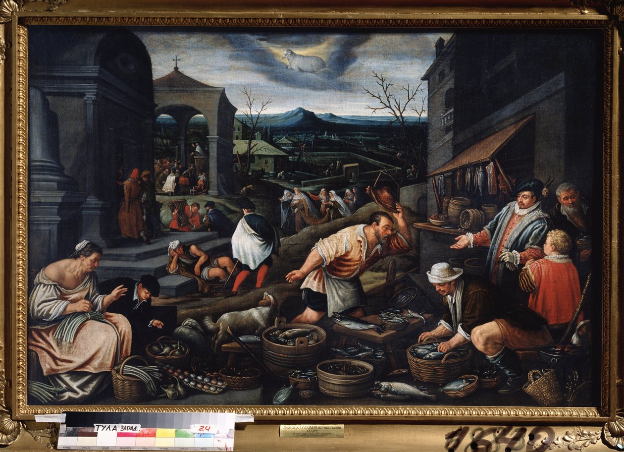 ""Maaliskuu"" (maaliskuu) Kalamarkkinat. Oinas-merkkisymboli taivaalla. Leandro Bassano da Ponten (1557-1622) maalaus Koko 80x121 cm Tula Venäjän valtion taidemuseo tekijältä Leandro da Ponte Bassano