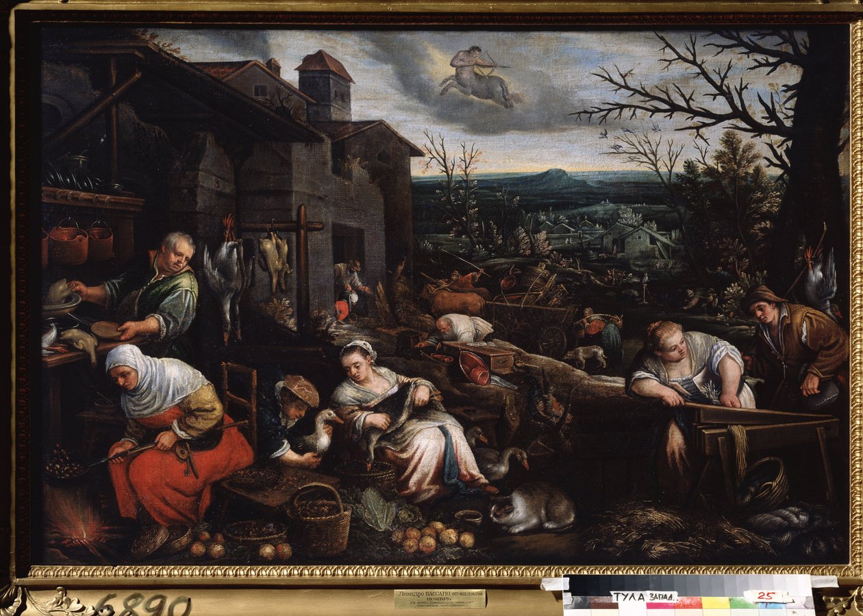 ""Marraskuu"" (marraskuu) Nainen paistaa kastanjoita, toinen valmistaa hanhet. Jousimiehen merkin symboli taivaalla. Leandro Bassano da Ponten (1557-1622) maalaus 1595-1600 Tulan valtion taidemuseo tekijältä Leandro da Ponte Bassano