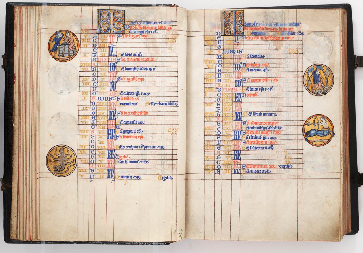 Lewis Psalter, avaus näyttää loka- ja marraskuun kalenterisivut, n. 1225-50 (tempera vellum) tekijältä Leber Group