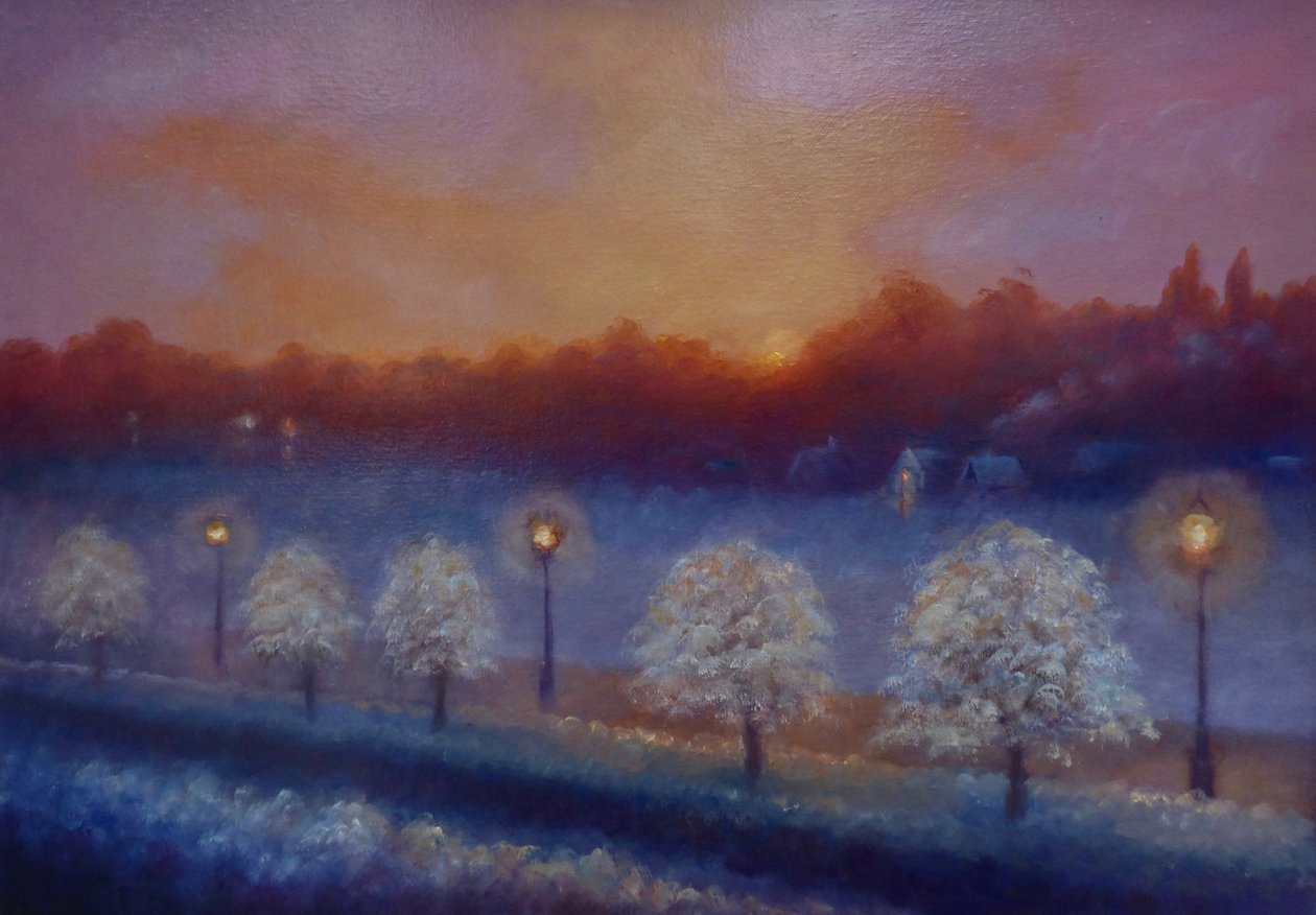 Frosty Riverside, Eel Pie Island, Thames River, 2023 (öljy kankaalle) tekijältä Lee Campbell