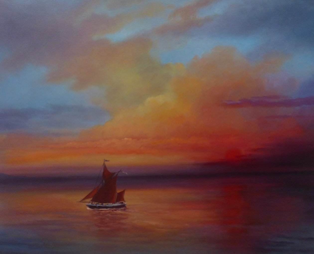 Red Sails - Thames Barge täydessä purjeessa, 2022 (öljy kankaalle) tekijältä Lee Campbell