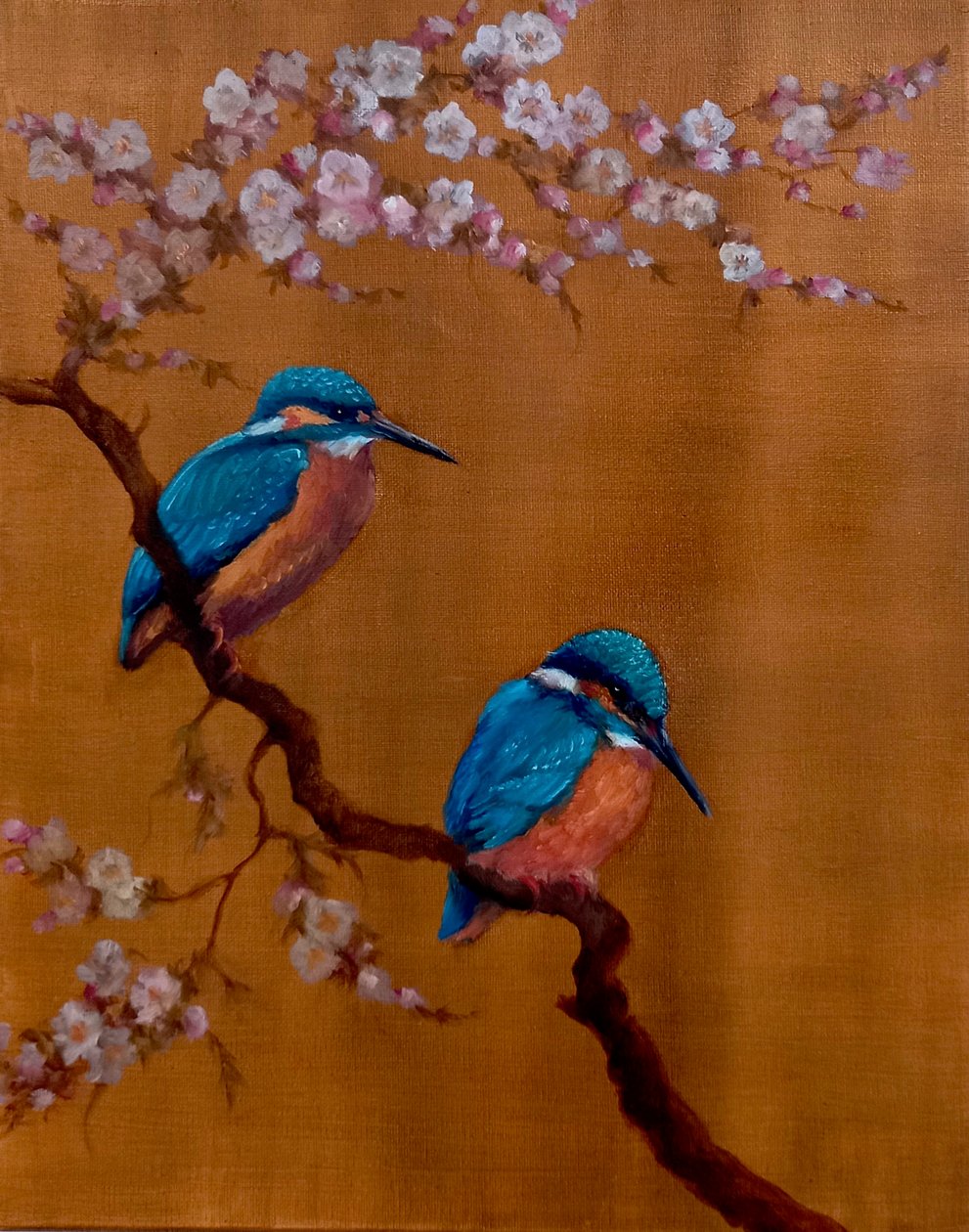 Two Kingfishers & Apple Blossom, 2021 (öljy kankaalle) tekijältä Lee Campbell