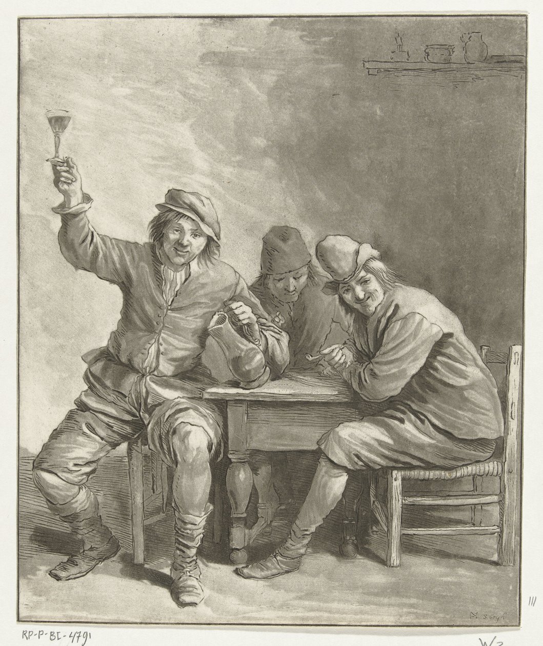 Kolme miestä pöydässä tupakoimassa ja juomassa tekijältä Leendert Brasser (signed by artist)