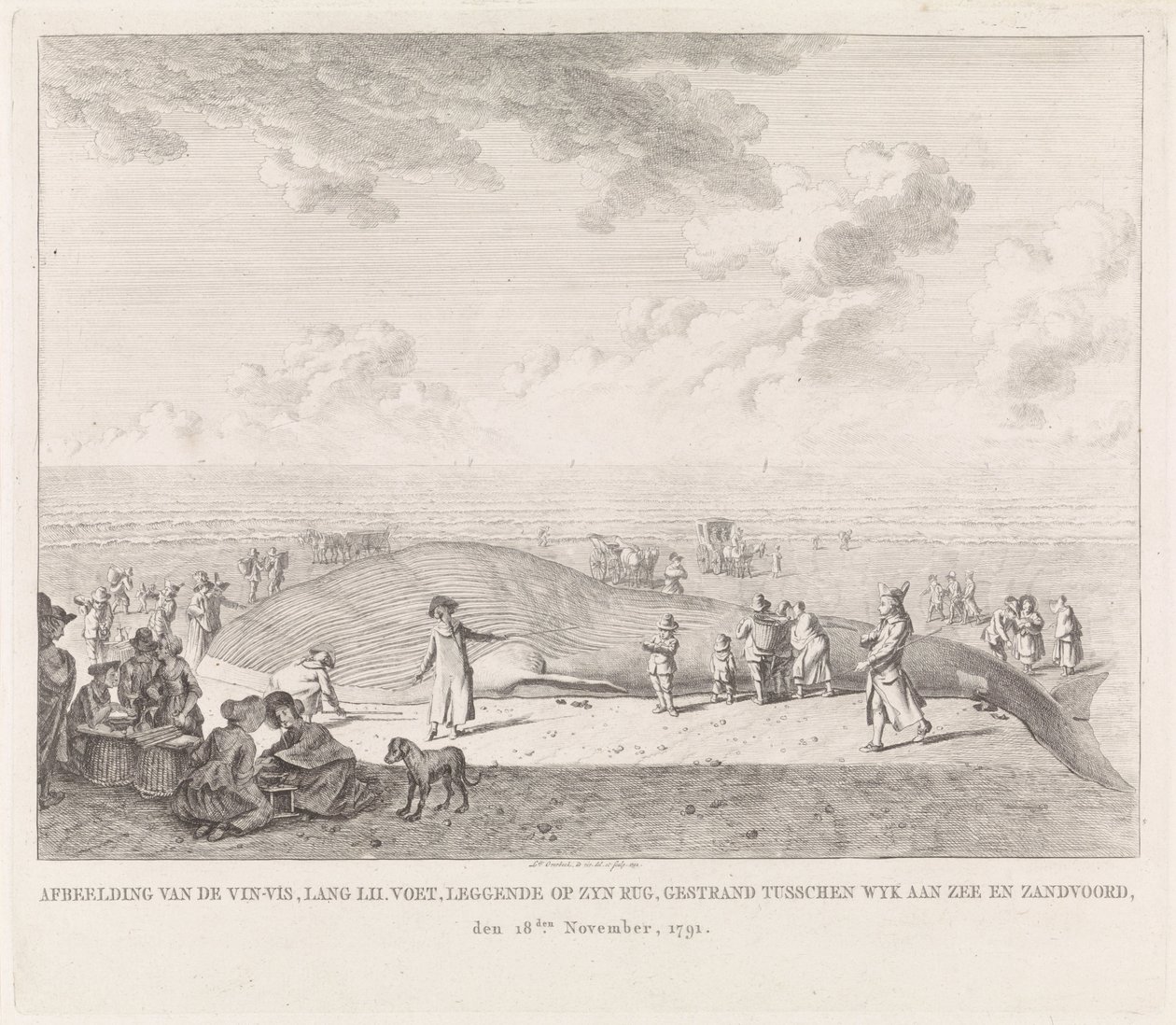 Valas huuhtoutui Zandvoortin rannalle Kuva Vin-Visistä (...) jumissa Wyk aan Zeen ja Zandvoordin välissä, 18. marraskuuta 1791 (otsikko esineessä) tekijältä Leendert Overbeek