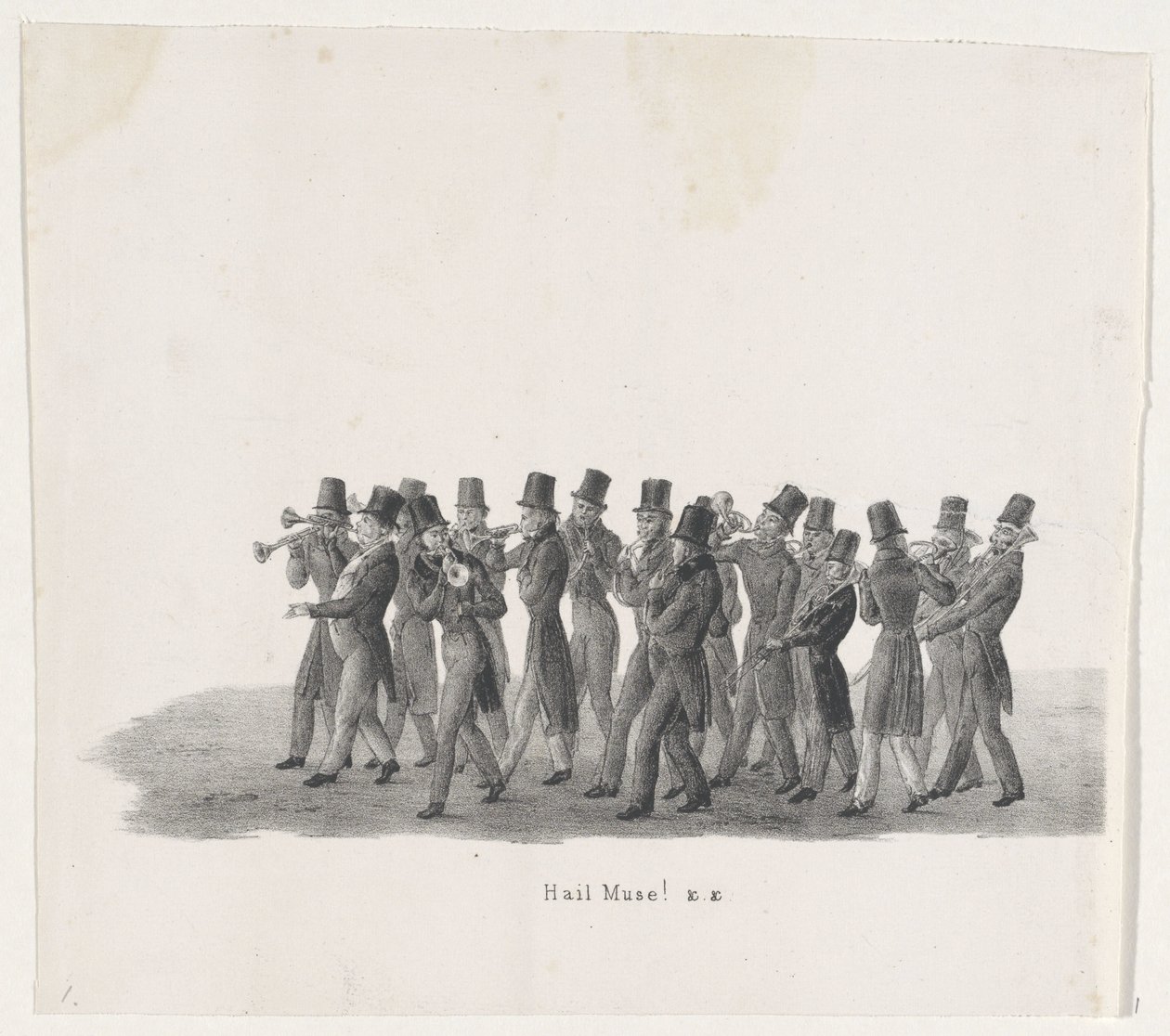Muusikot Leidenin opiskelijoiden kulkueessa, 1835 Hei Muse! (otsikko esineessä) Yksittäiset esitykset, jotka nousut pitävät H.H. Leidsche Hoogeschoolin opiskelijat 9.2.1835, suljettu (sarjan nimi esineessä) tekijältä Leendert Springer (I)