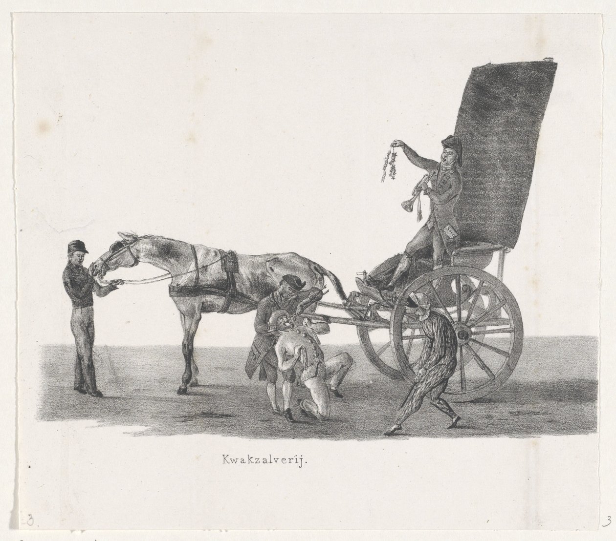 Sjees quackilla, 1835 Väsymys (otsikko esineessä) Yksittäiset esitykset, jotka nousut pitävät H.H. Leidsche Hoogeschoolin opiskelijat 9.2.1835, suljettu (sarjan nimi esineessä) tekijältä Leendert Springer (I)