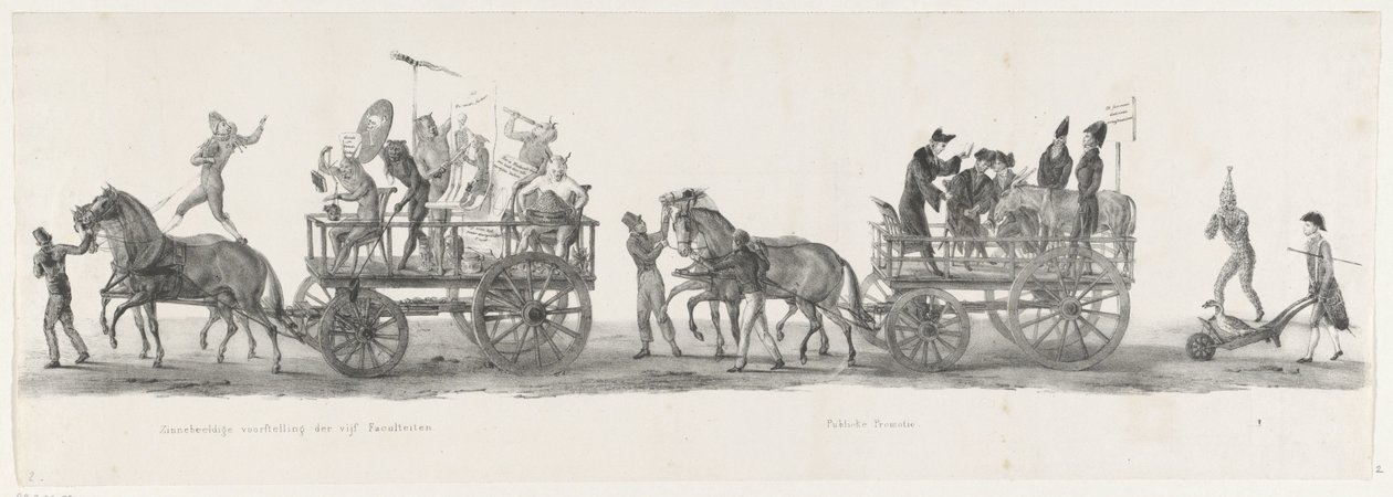 Viisi tiedekuntaa ja julkinen ylennys, 1835 Viiden tiedekunnan symbolinen esitys / julkinen promootio (otsikko esineessä) Yksittäiset esitykset, jotka nousut pitävät H.H. Leidsche Hoogeschoolin opiskelijat 9. helmikuuta: 1 tekijältä Leendert Springer (I)