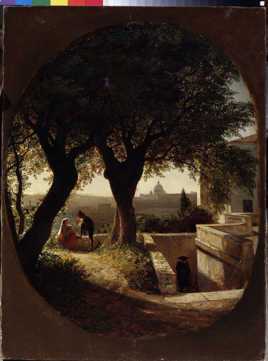 Rooman lähellä (Italia) (Roman lähellä). Puiden alla istuva nainen vauva sylissään kuuntelee miestä hatussa ja viitassa. Toinen mies lähestyy heitä portaista. Lev Felixovich Lagorion (1827-1905) maalaus tekijältä Lef Feliksovich Lagorio
