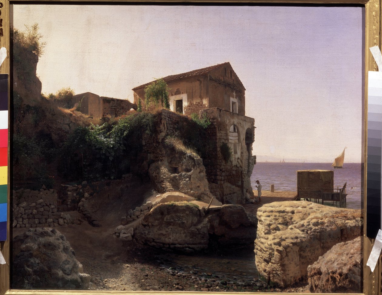 Caprin saarella (Italia) Kalastajan talo. (Capri saarella, kalastajan talossa). Kuvaus kalastusveneestä merellä ja perinteinen ponttoni laituriin. Lev Felixovich Lagorion (1827-1905) maalaus öljy kankaalle tekijältä Lef Feliksovich Lagorio