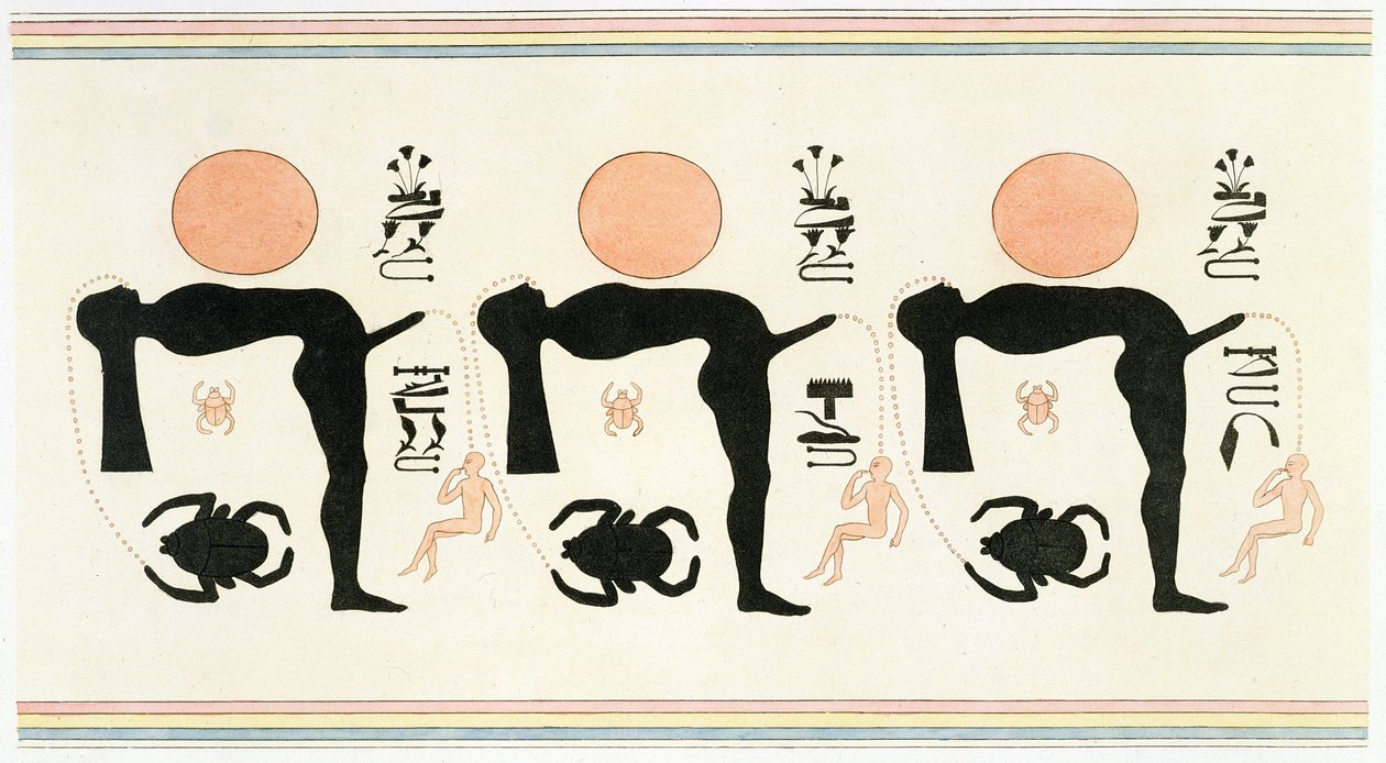 Eroottinen fresko Byban el Moloukista, Thebes, Edmonde Francois Jomardin teoksesta Descriptions of Egypt, julkaistu 1809-22 (värilitho) tekijältä Legentil (after)