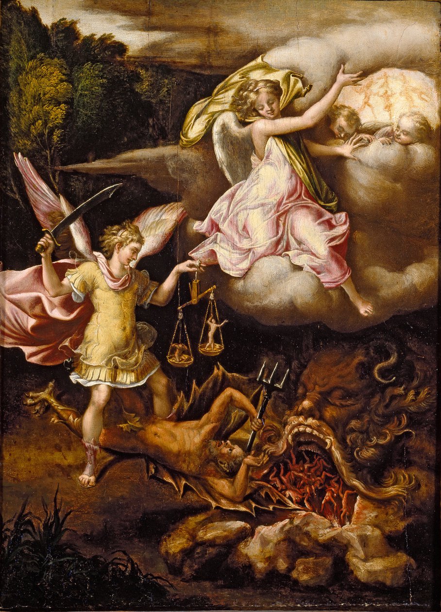 Pyhä Mikael alistamassa Saatanan ja punnitsemassa kuolleiden sieluja, c1540-1549 tekijältä Lelio Orsi