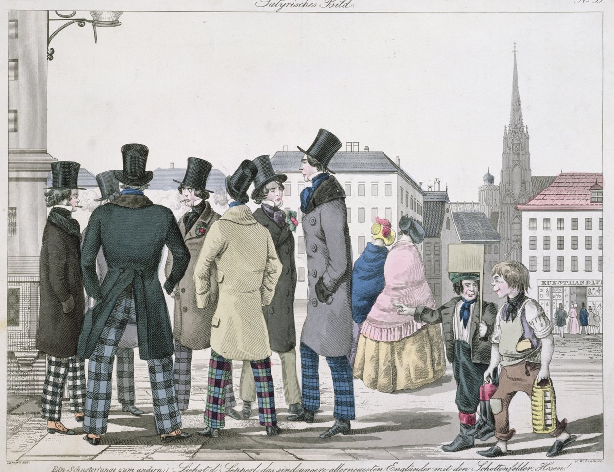 Tyylikkäät miehet skotlantilaisissa housuissa Wienin kaduilla, kaiverrus J. W. Linke, n. 1840 tekijältä Lempis