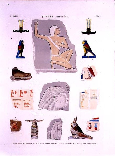 Kuvituksia maalatuista reliefeistä kivelle ja puupalasille Hypogees, Thebes-levy 47 julkaisun "Descriptions of Egypt" osasta II, LeRoyn kaiverrus tekijältä Lenoir (after)