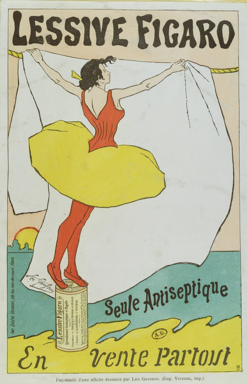 Jäljennös julisteesta, joka mainostaa "Lessive Figaro - The Only Antiseptic", 1800-luvun loppu tekijältä Leo Gausson