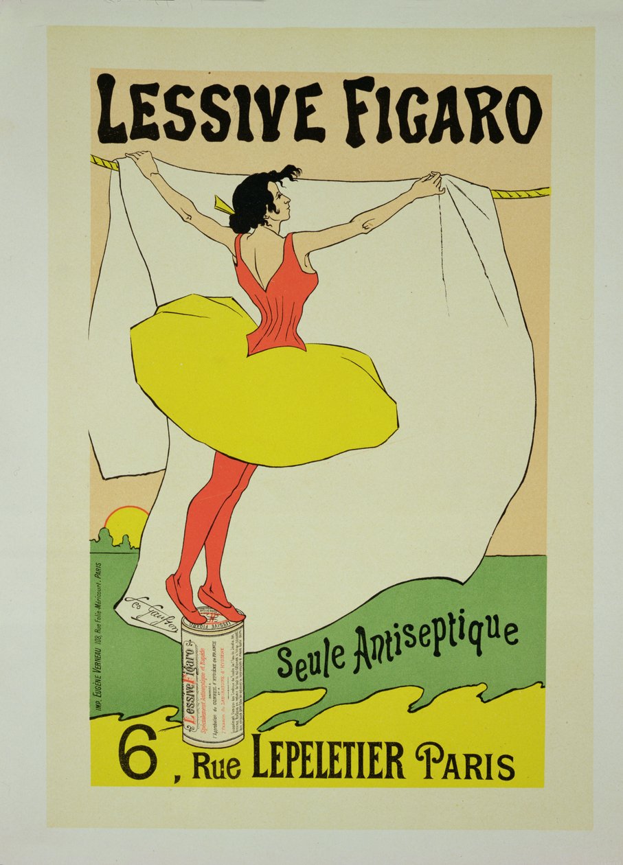 Jäljennös julisteesta, joka mainostaa "Lessive Figaroa", Rue Lepeletier, Paris, 1893 tekijältä Leo Gausson
