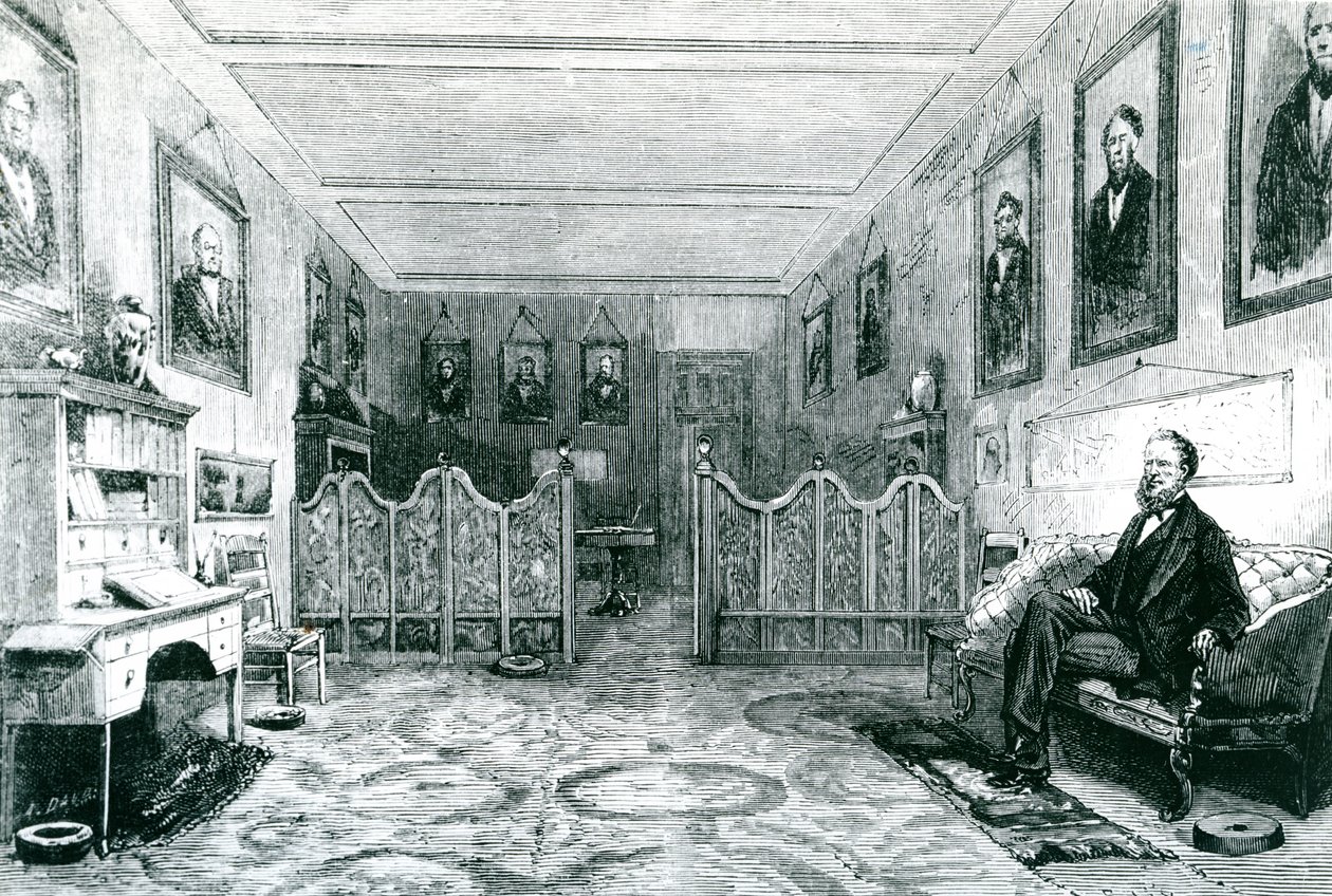 Brigham Young (1801-77) mormonien ylipappi tutkimuksessaan, kuva Le Monde Illustresta, julkaistu 1871 tekijältä Leo after Nye