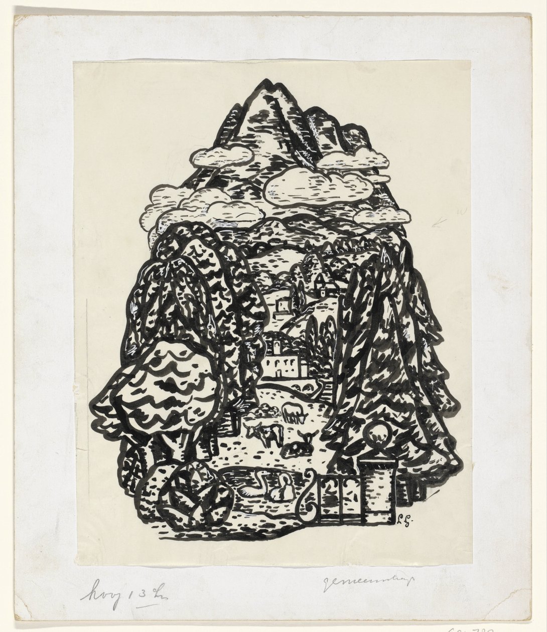 Vuoristomaisema puita ja karjaa tekijältä Leo Gestel (signed by artist)