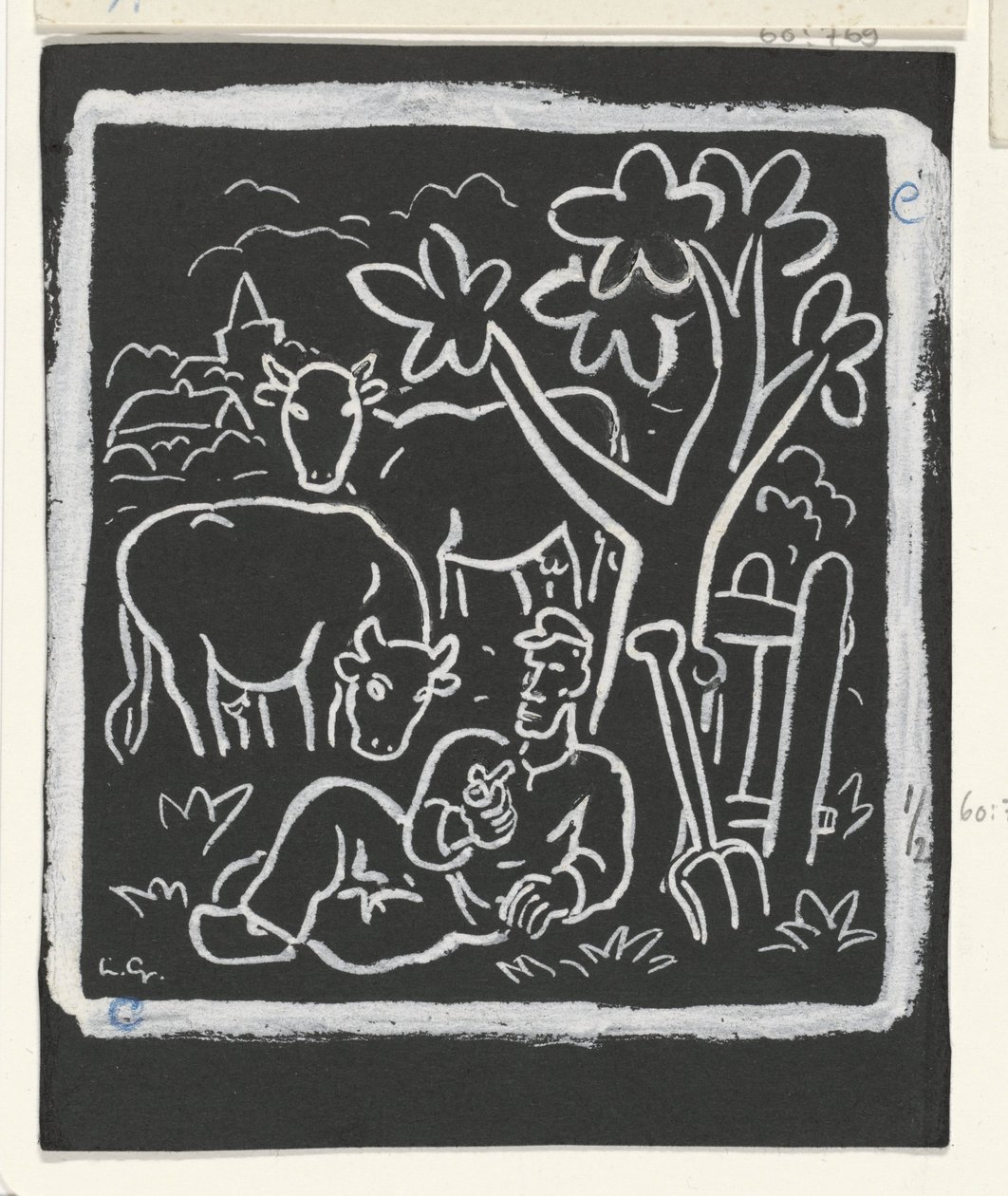 Maanviljelijä lepää puun alla niityllä lehmien kanssa tekijältä Leo Gestel (signed by artist)
