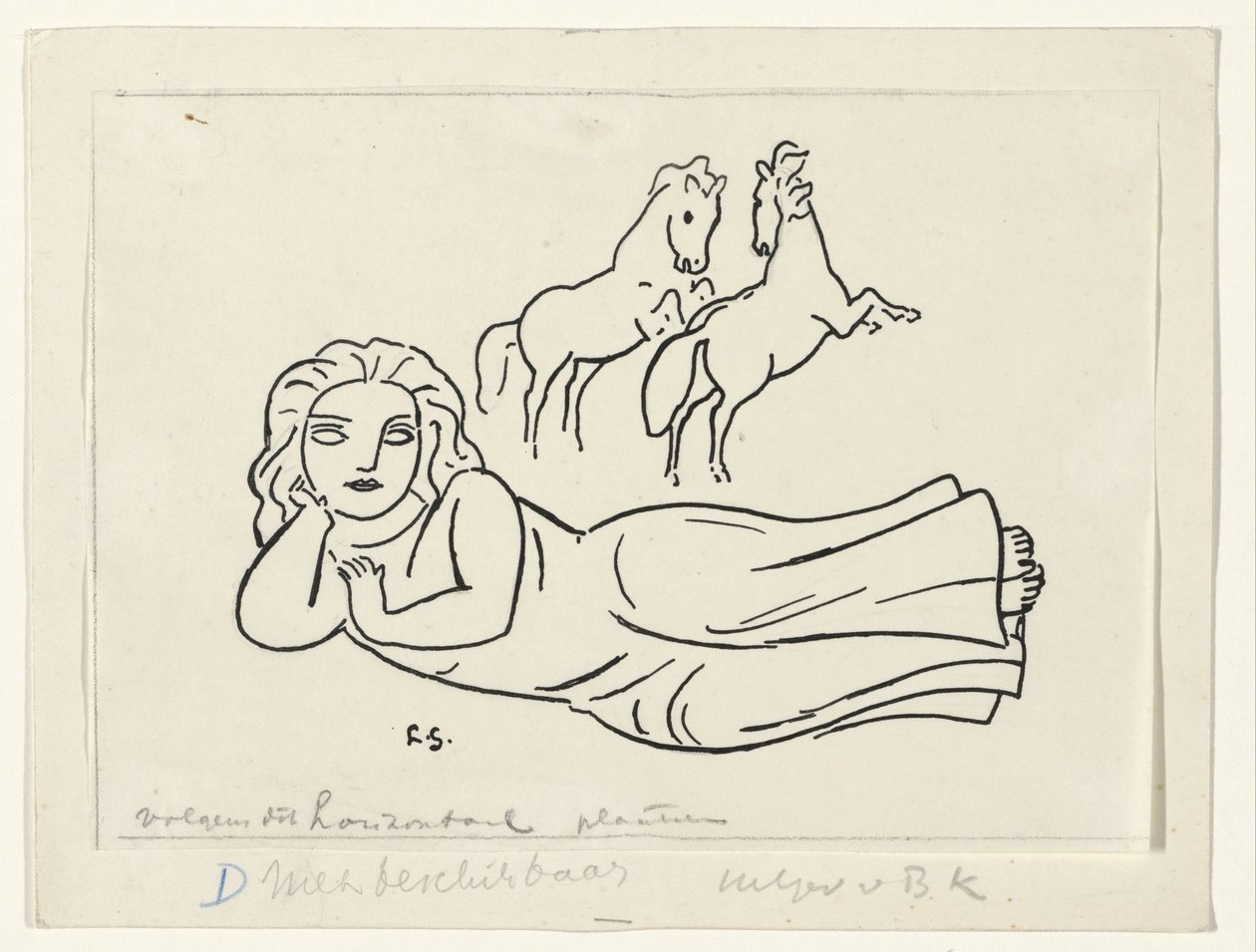 Makaava nainen kahdella hevosella tekijältä Leo Gestel (signed by artist)