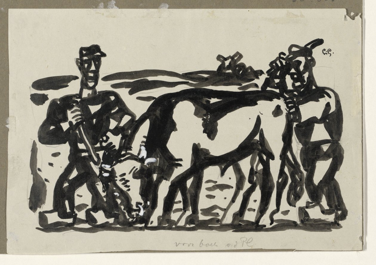 Kaksi maanviljelijää lehmän kanssa tekijältä Leo Gestel (signed by artist)