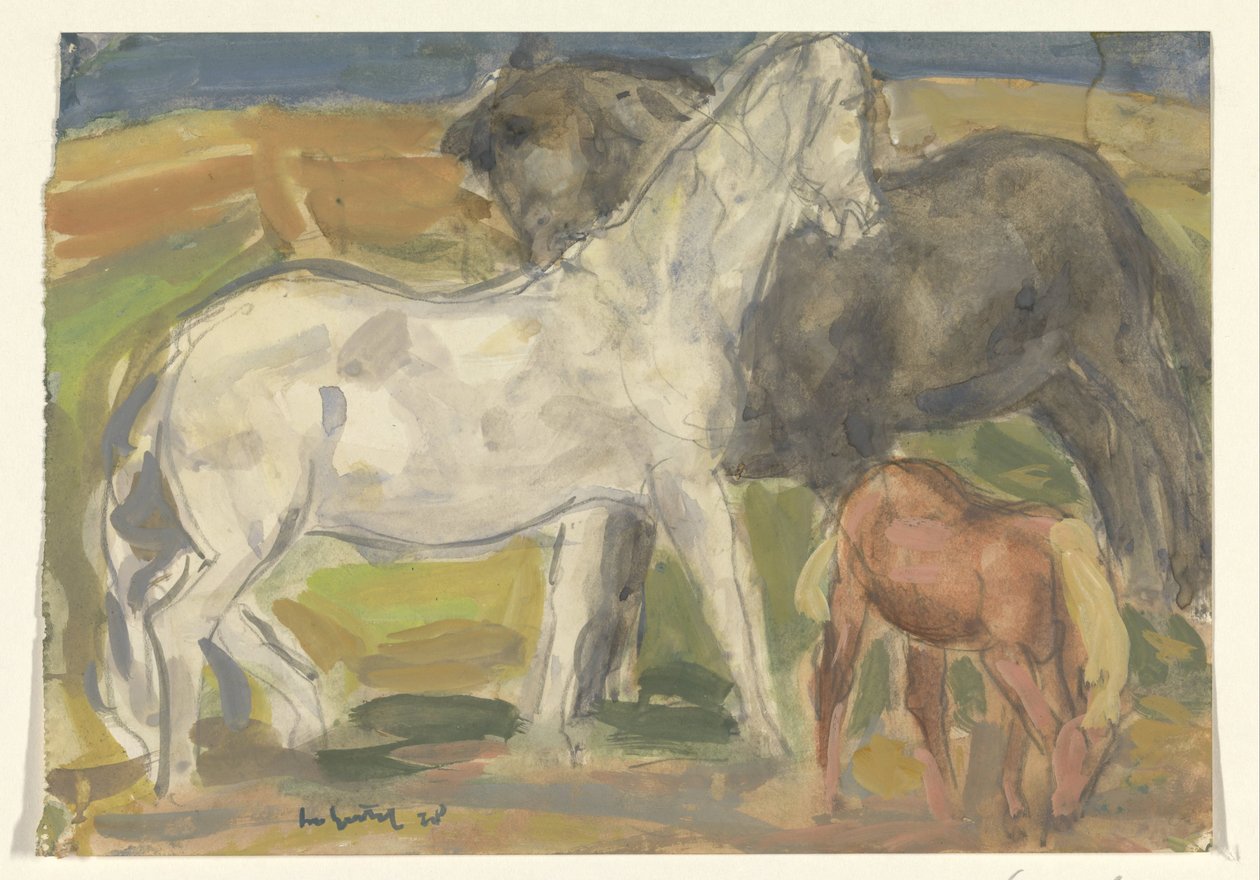 Kaksi hevosta ja varsa maisemassa tekijältä Leo Gestel (signed by artist)
