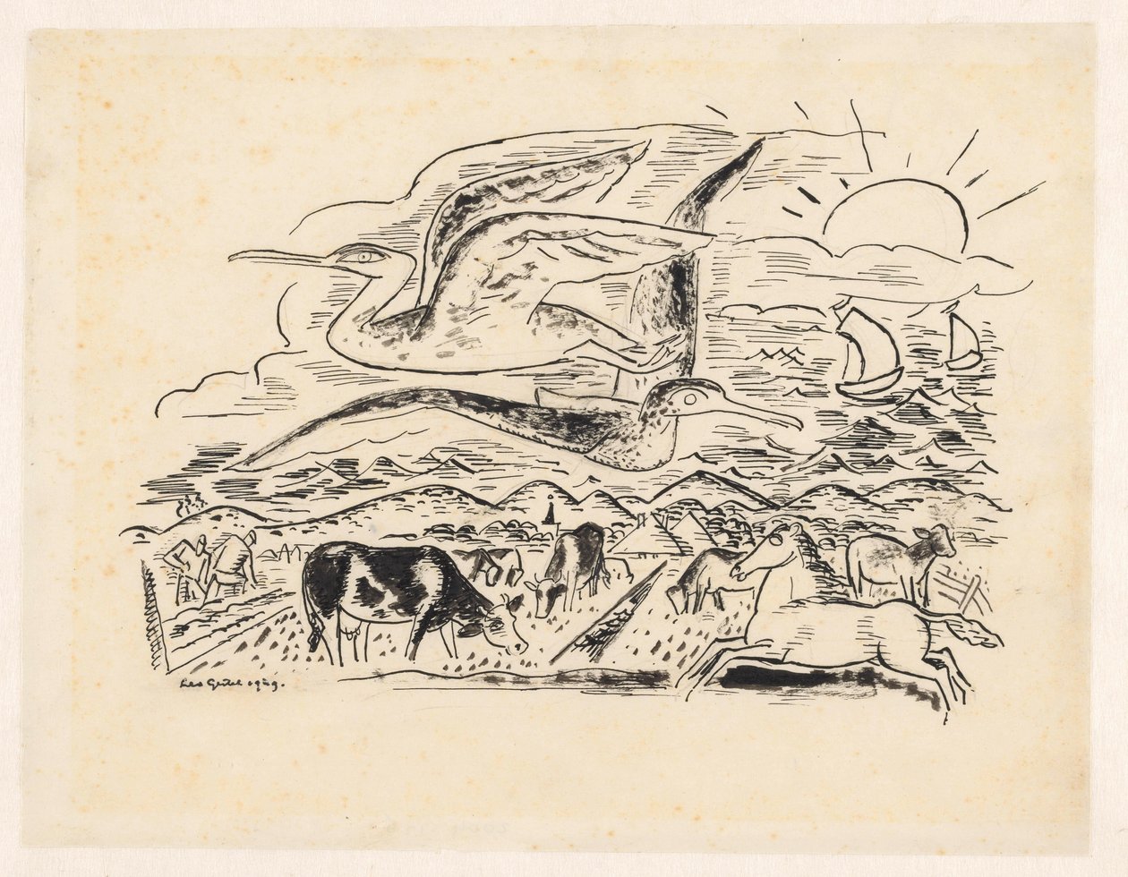 Kaksi lintua lentää maiseman yli karjaa tekijältä Leo Gestel (signed by artist)