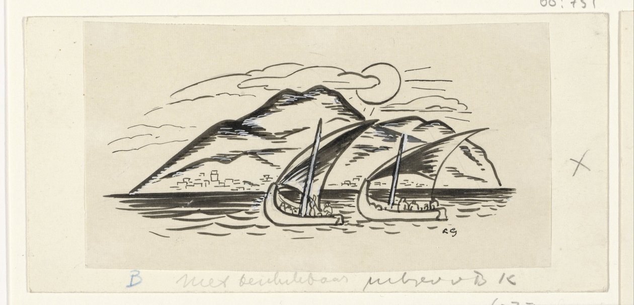 Kaksi purjelaivaa vuorten saaren edessä tekijältä Leo Gestel (signed by artist)
