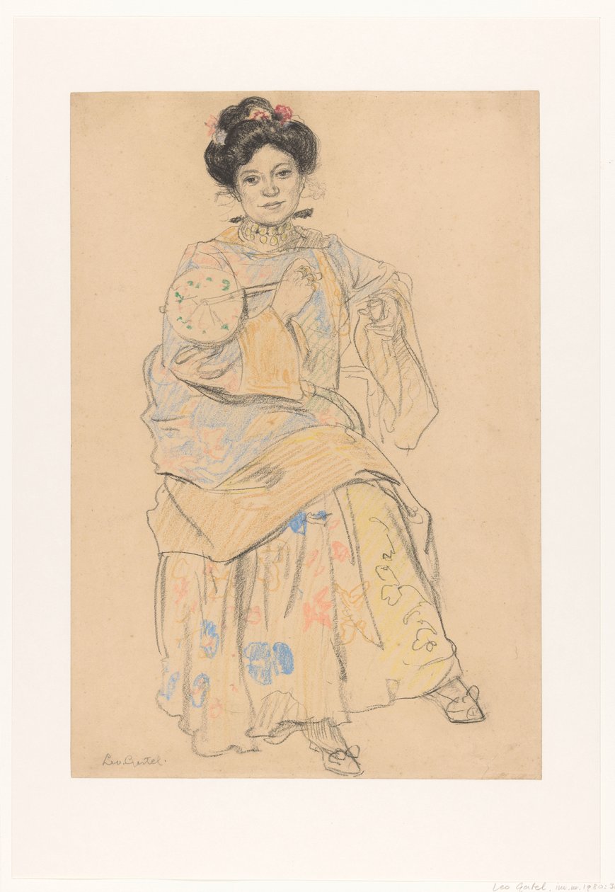 Istuva nainen japanilaisissa vaatteissa tekijältä Leo Gestel (signed by artist)