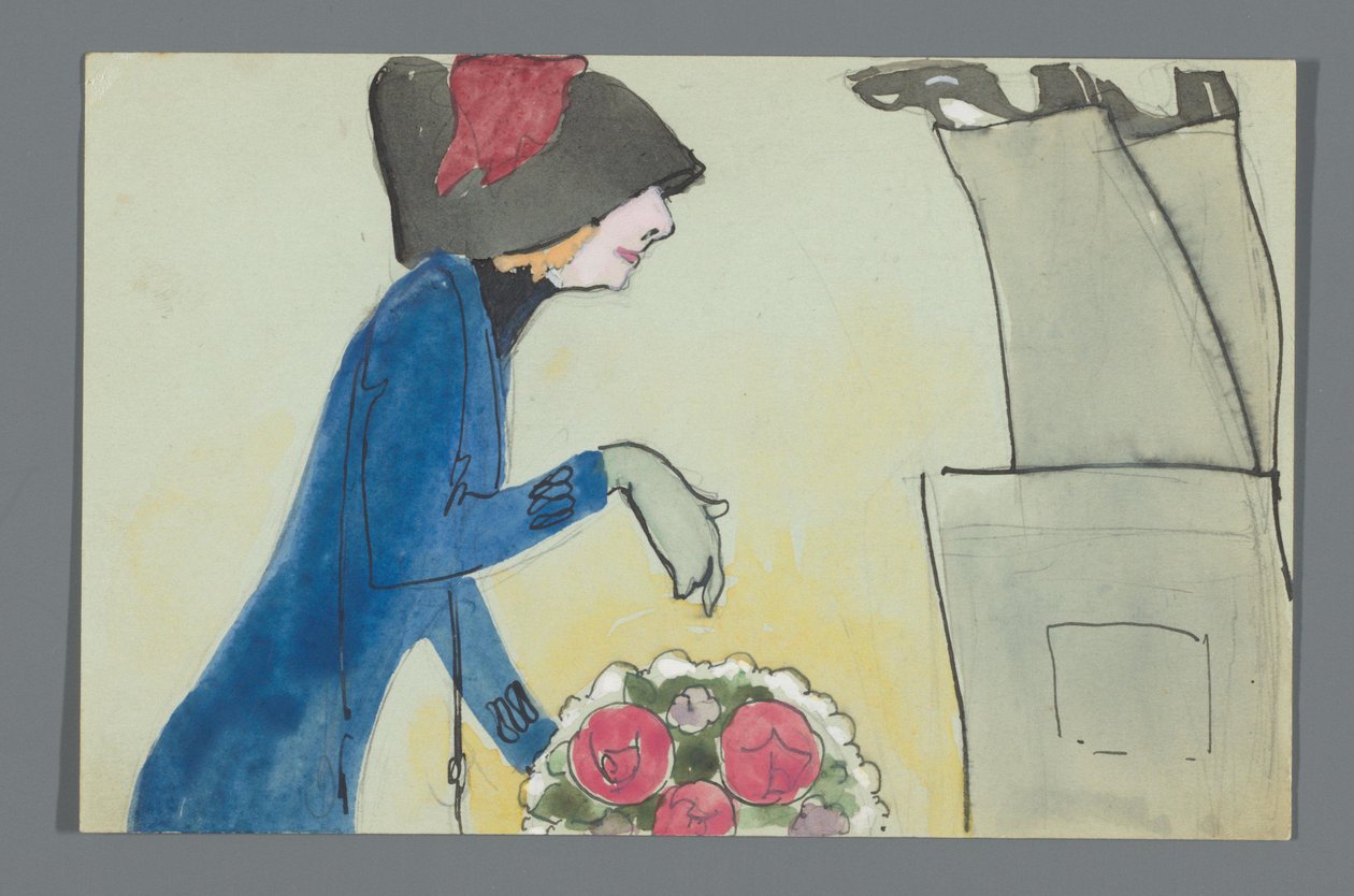 Postkarte mit einer Zeichnung des Unterkörpers von Leo Gestel und Oberkörpers von An Overtoom mit Blumenstrauß tekijältä Leo Gestel