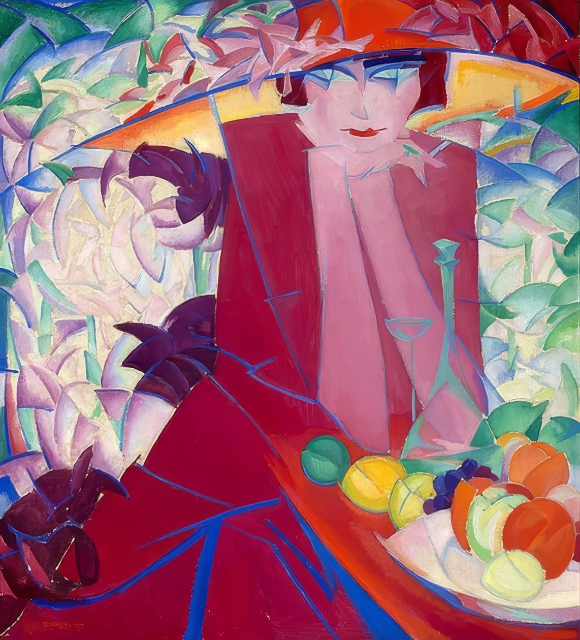 Nainen suurella hatulla kesämökissä. 1913 tekijältä Leo Gestel