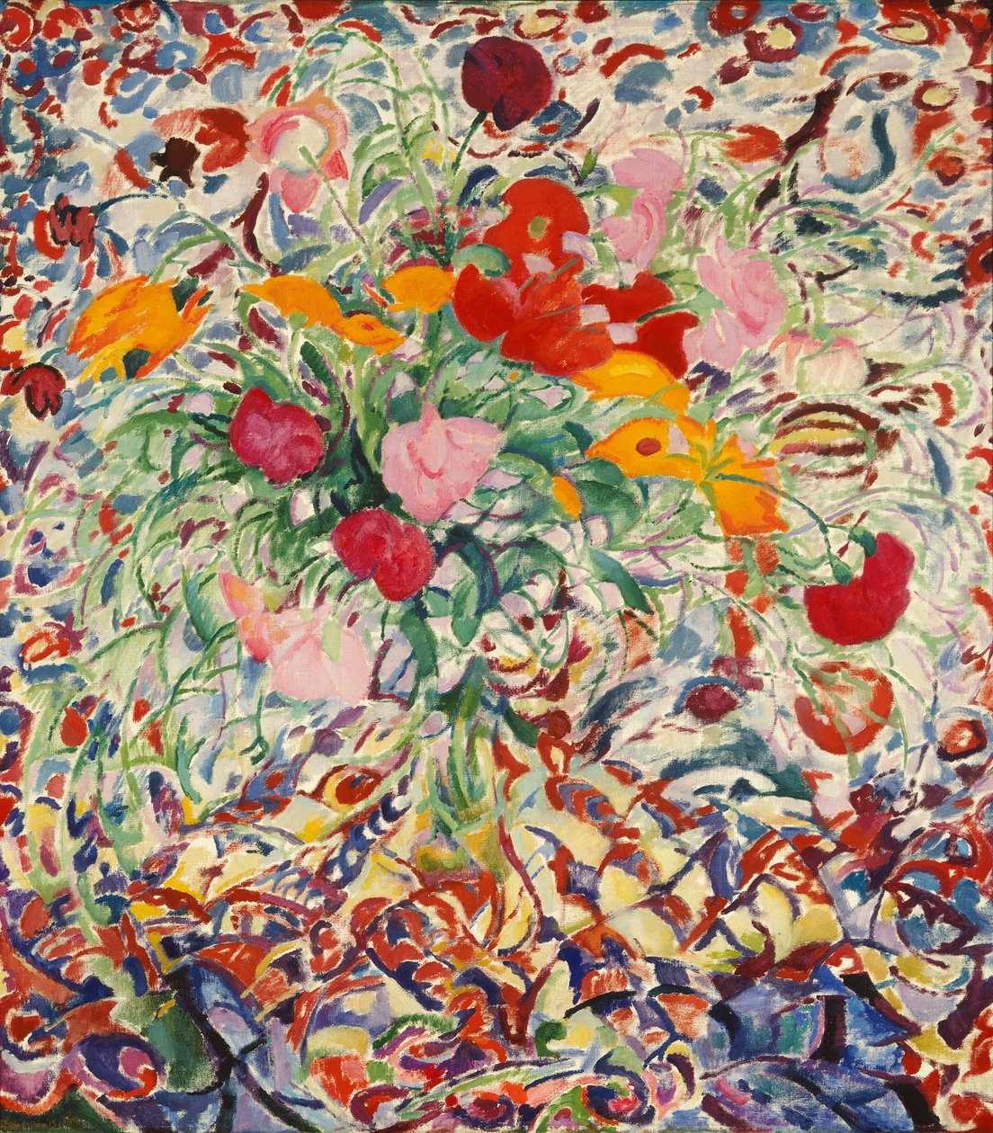 Kukkia kukkivan kankaan edessä tekijältä Leo Gestel